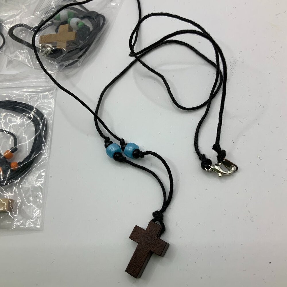 Cross Crucifix NWOT Wooden Beaded Cord BUNDLE Necklace